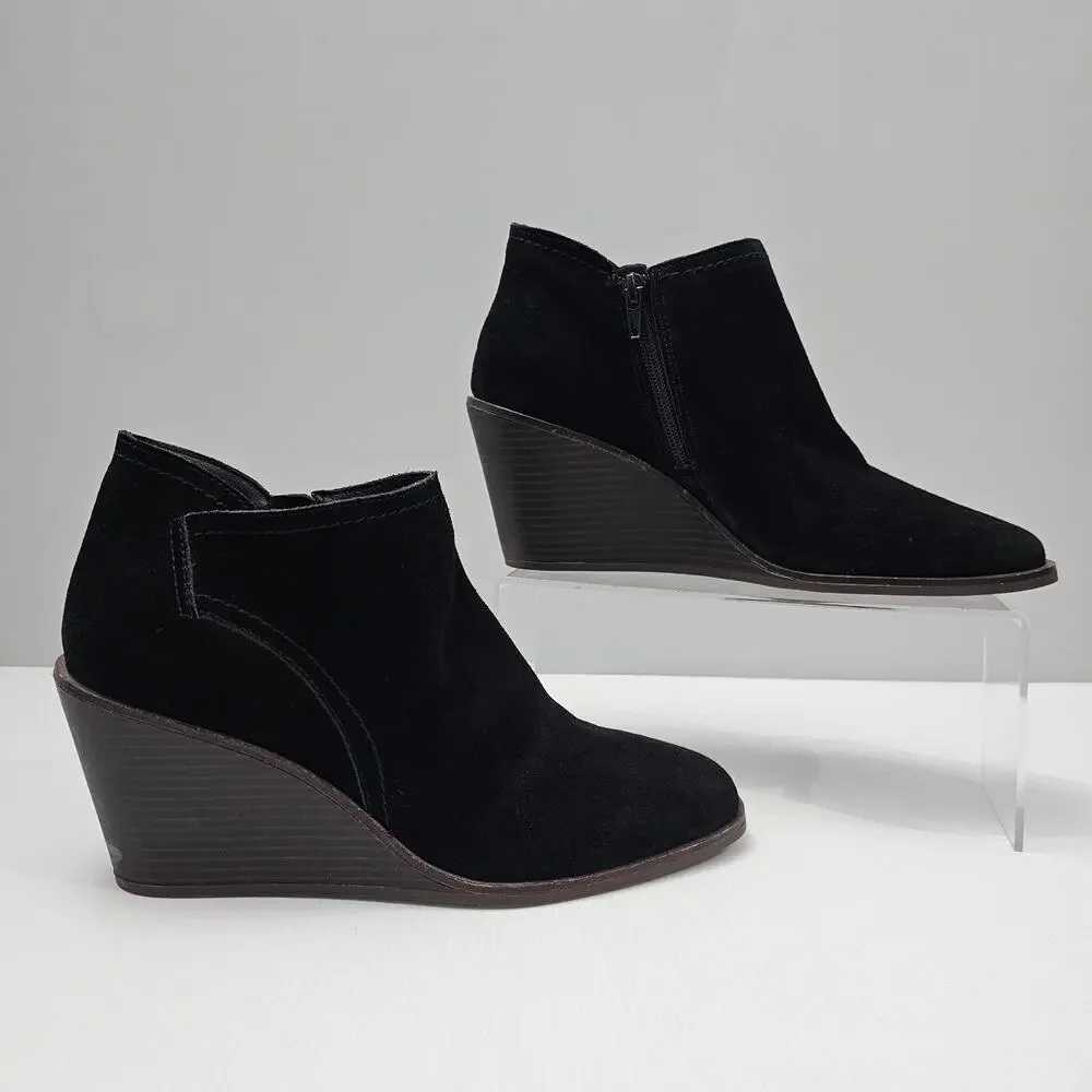 Lucky Brand Macawi Wedge Ankle Bootie Womens 9 Black Suede Square Toe Casual